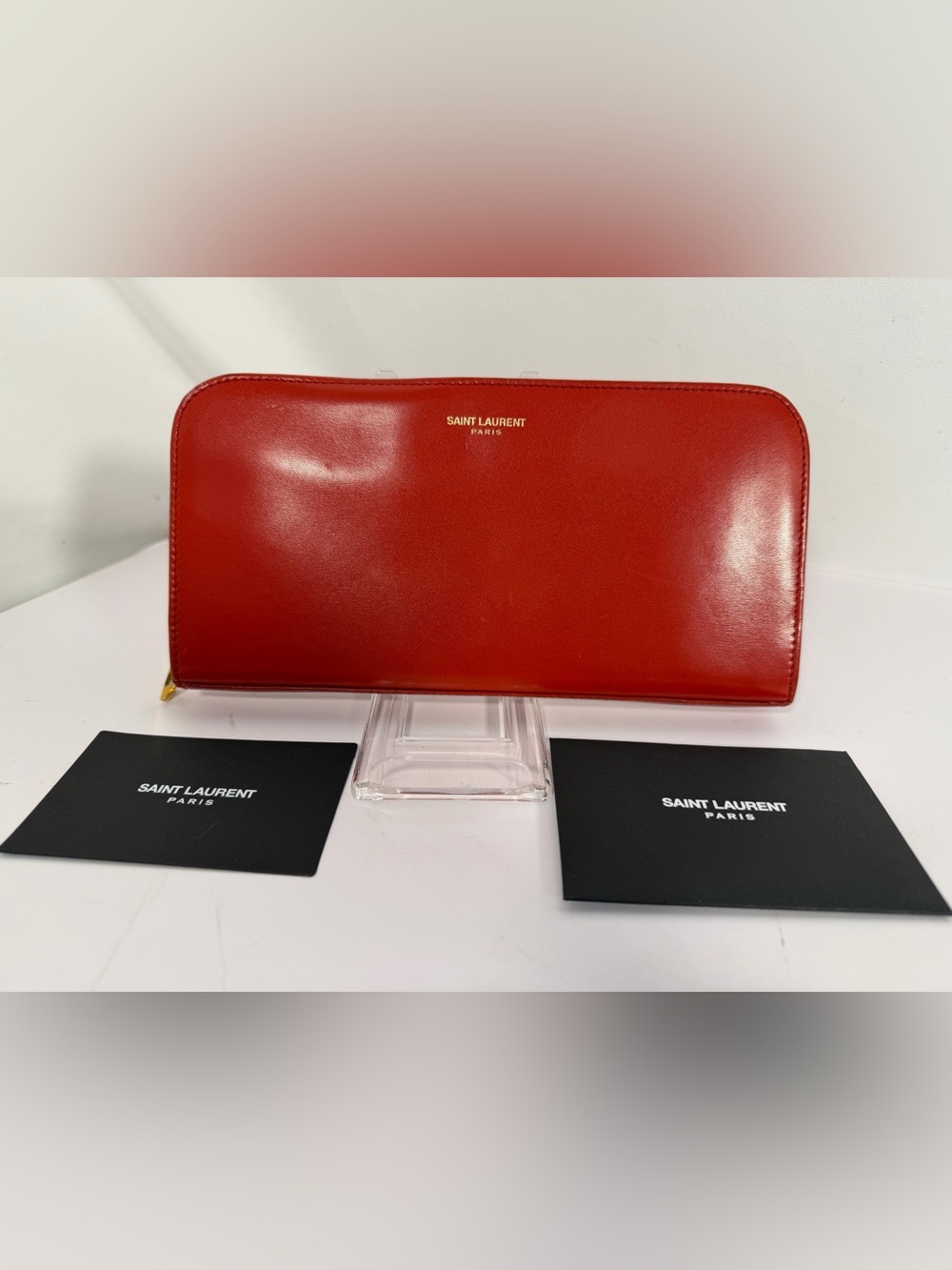 1271: Saint Laurent Paris Red Leather Zip Around Continental Wallet Gold Hardwar